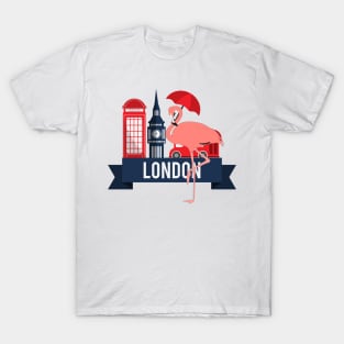 Pink Flamingo in London England Travel Icons T-Shirt